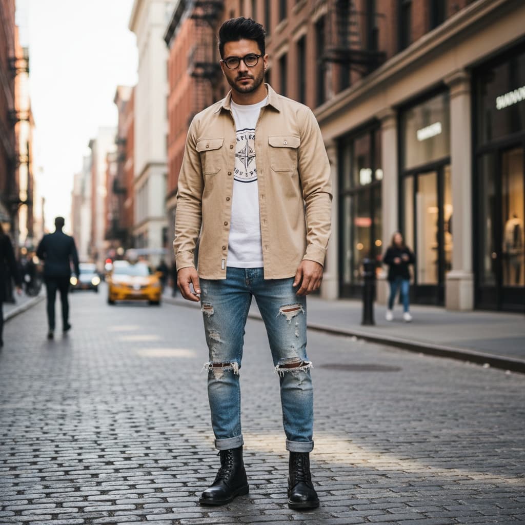 Beige Shirt With A Logo, Paired With Distressed Blue Jeans And Black Boots.