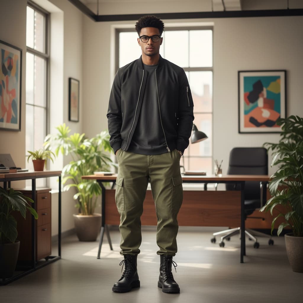 Black Jacket With A Zippered Pocket, Paired With Olive Cargo Pants And Black Boots.