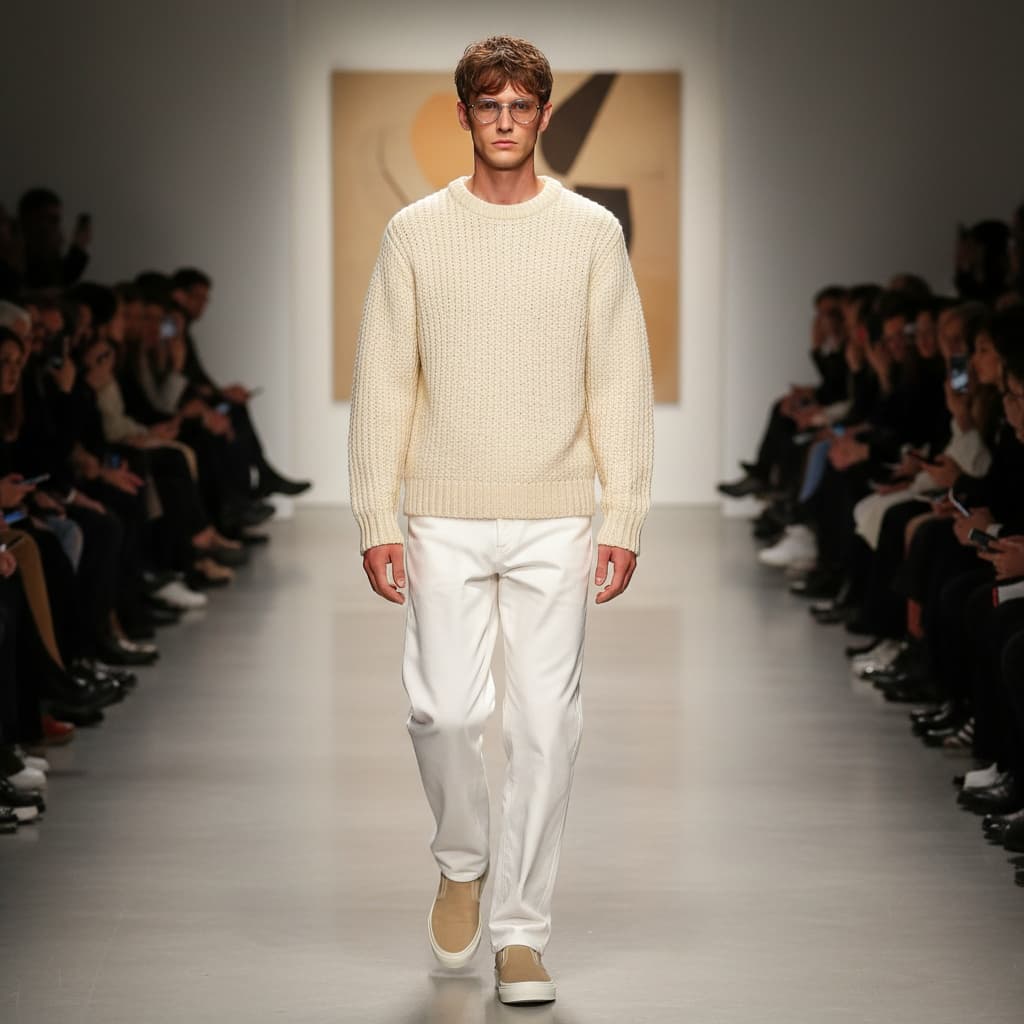 Cream Textured Sweater, Paired With Relaxed-Fit White Pants And Beige Sneakers.
