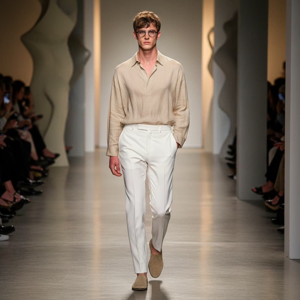 Light Beige Shirt, Paired With White Pants And Beige Slip-On Shoes.