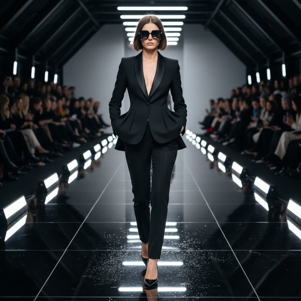 Black Tailored Suit With A Satin Collar And A Fitted Waist, Paired With Black High Heels.