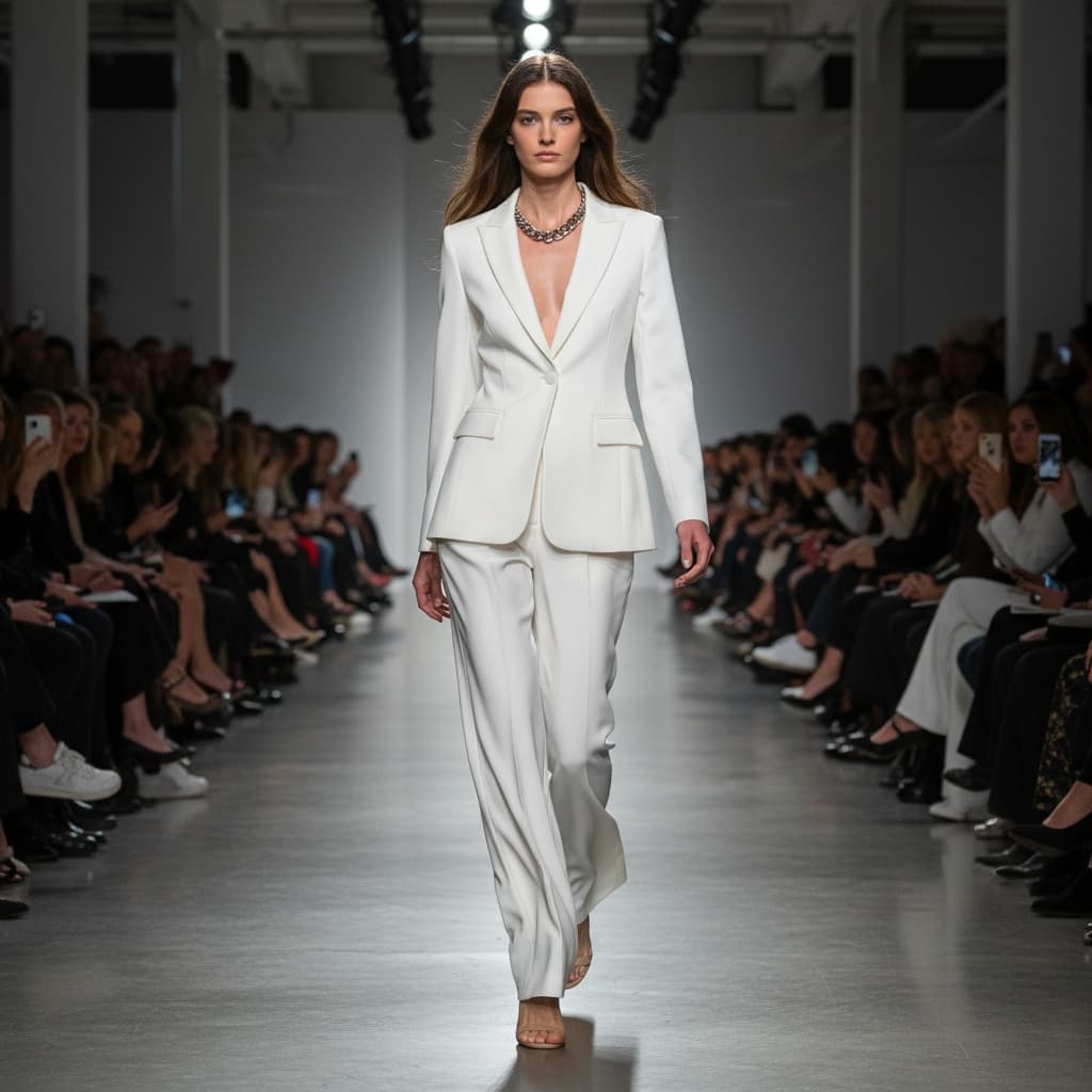 White Tailored Suit With Wide-Leg Pants, Paired With A Silver Chain Necklace And Nude Sandals.