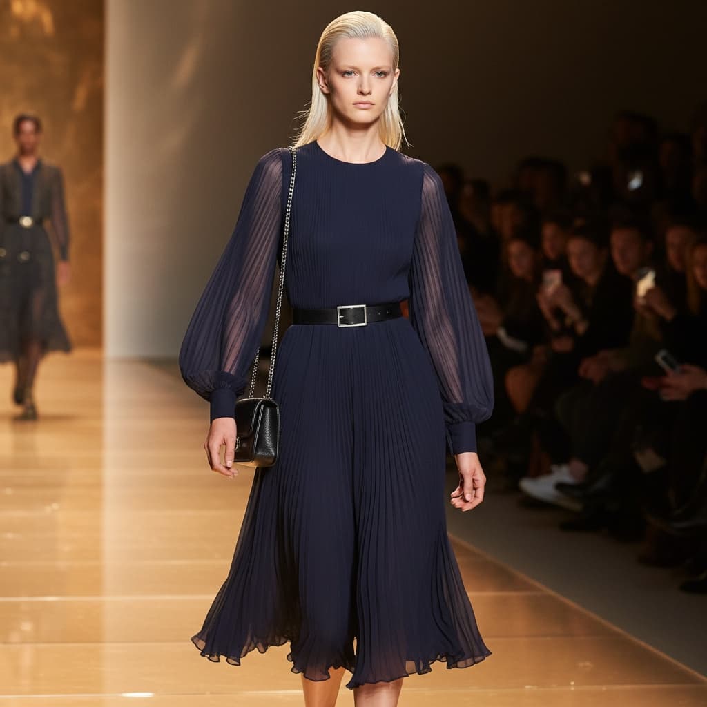 Navy Pleated Dress With Long Sheer Sleeves, A Black Belt, And A Small Bag.