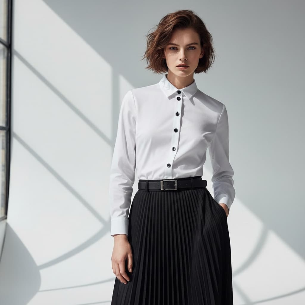 White Blouse With Black Buttons, Paired With A Black Pleated Skirt And Black Belt.