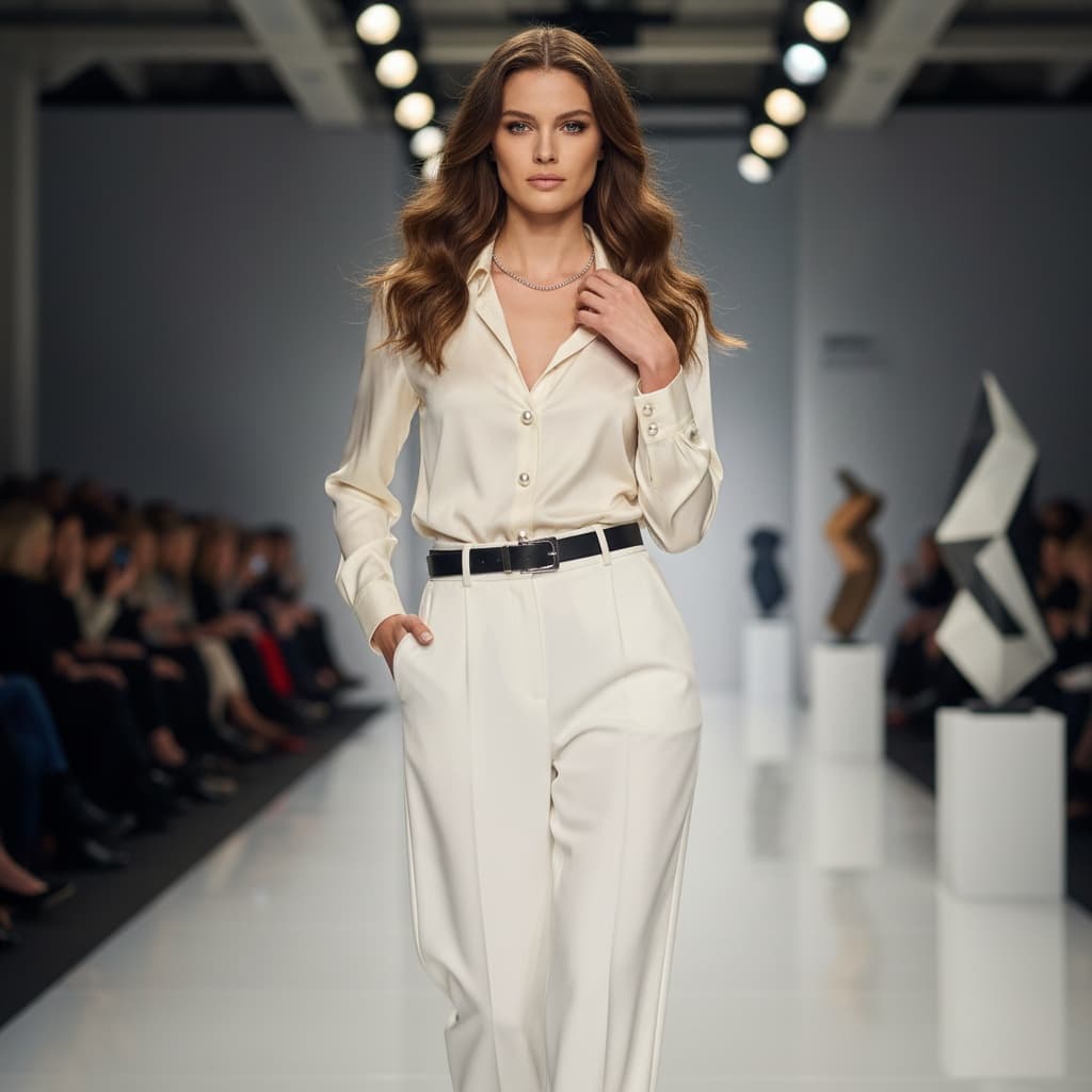 White Blouse With Pearl Buttons, Paired With White High-Waisted Trousers And A Black Belt.