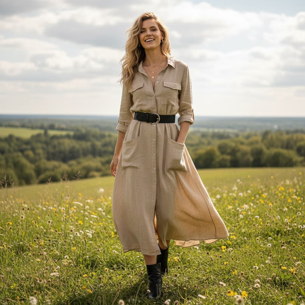 Beige Button-Up Dress With Pockets, A Black Belt, And Black Ankle Boots.