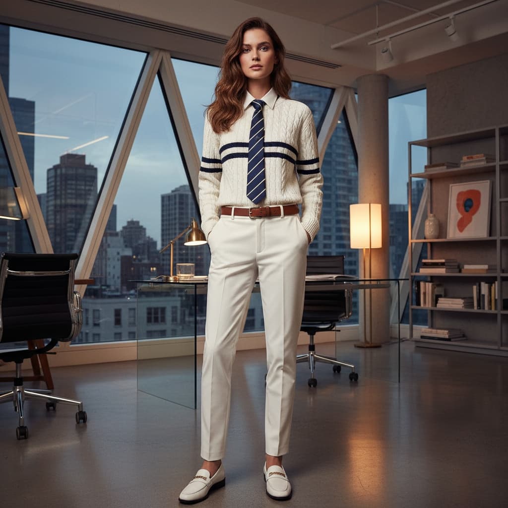 White Sweater With Navy Blue Accents And A Striped Tie, Paired With White Trousers And A Brown Belt.