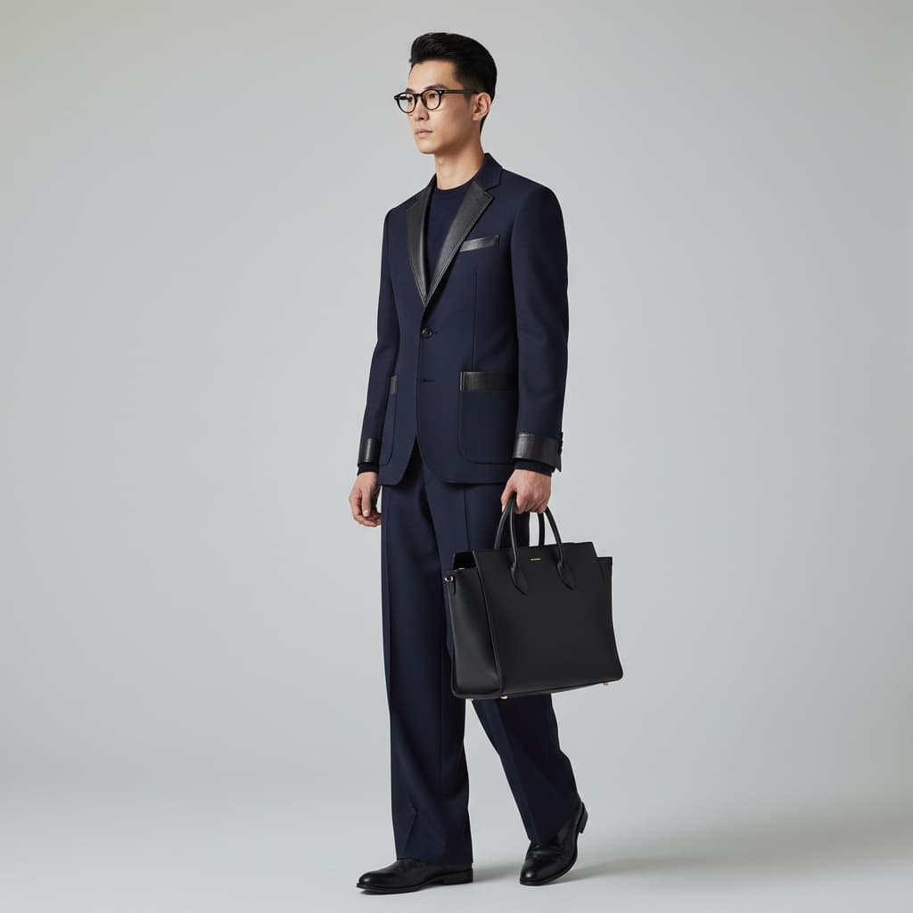 Navy Tailored Jacket With Black Leather Details, Matching Wide-Leg Trousers, Black Leather Shoes, And A Structured Black Tote Bag.