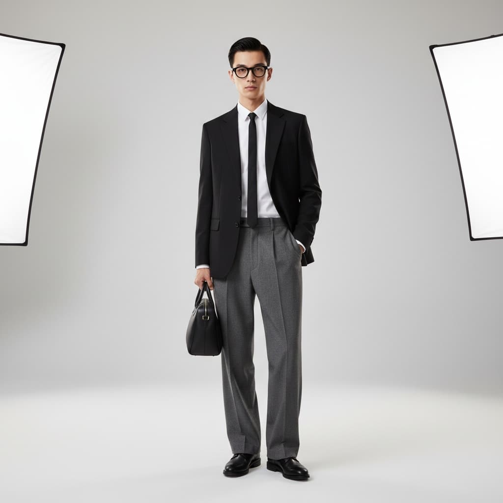 Black Jacket Over White Shirt With Black Tie, Grey Wide-Leg Trousers, Black Leather Shoes, And A Black Structured Handbag.