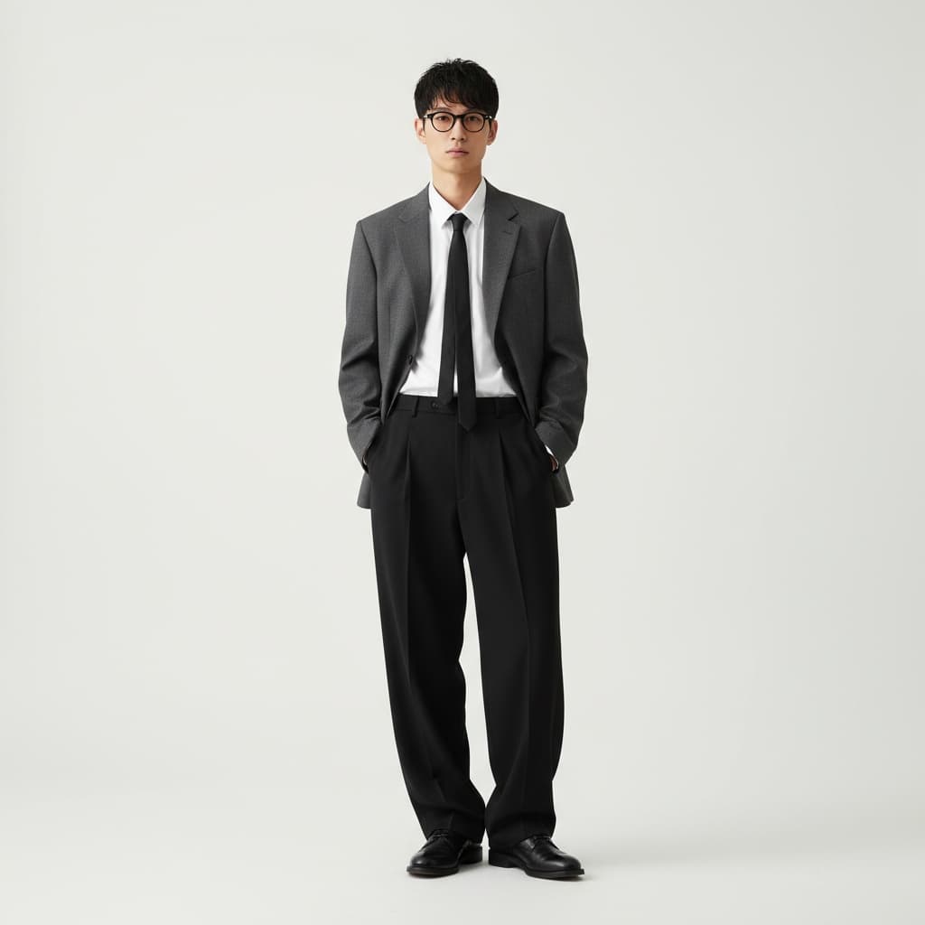 Grey Oversized Blazer With White Shirt And Black Tie, Black Wide-Leg Trousers, And Black Leather Shoes.