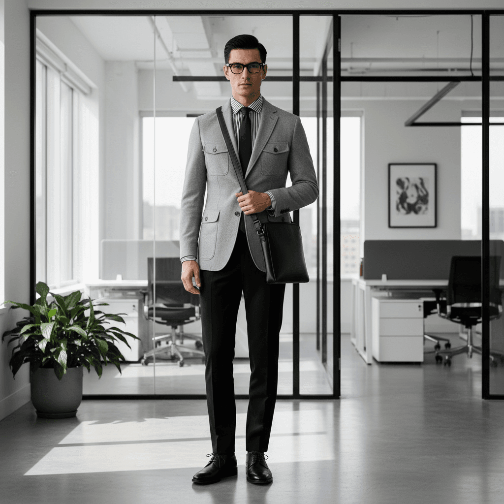 Light Grey Jacket With Flap Pockets, Striped Shirt With Tie, Black Trousers, Black Leather Shoes, And A Black Leather Bag.