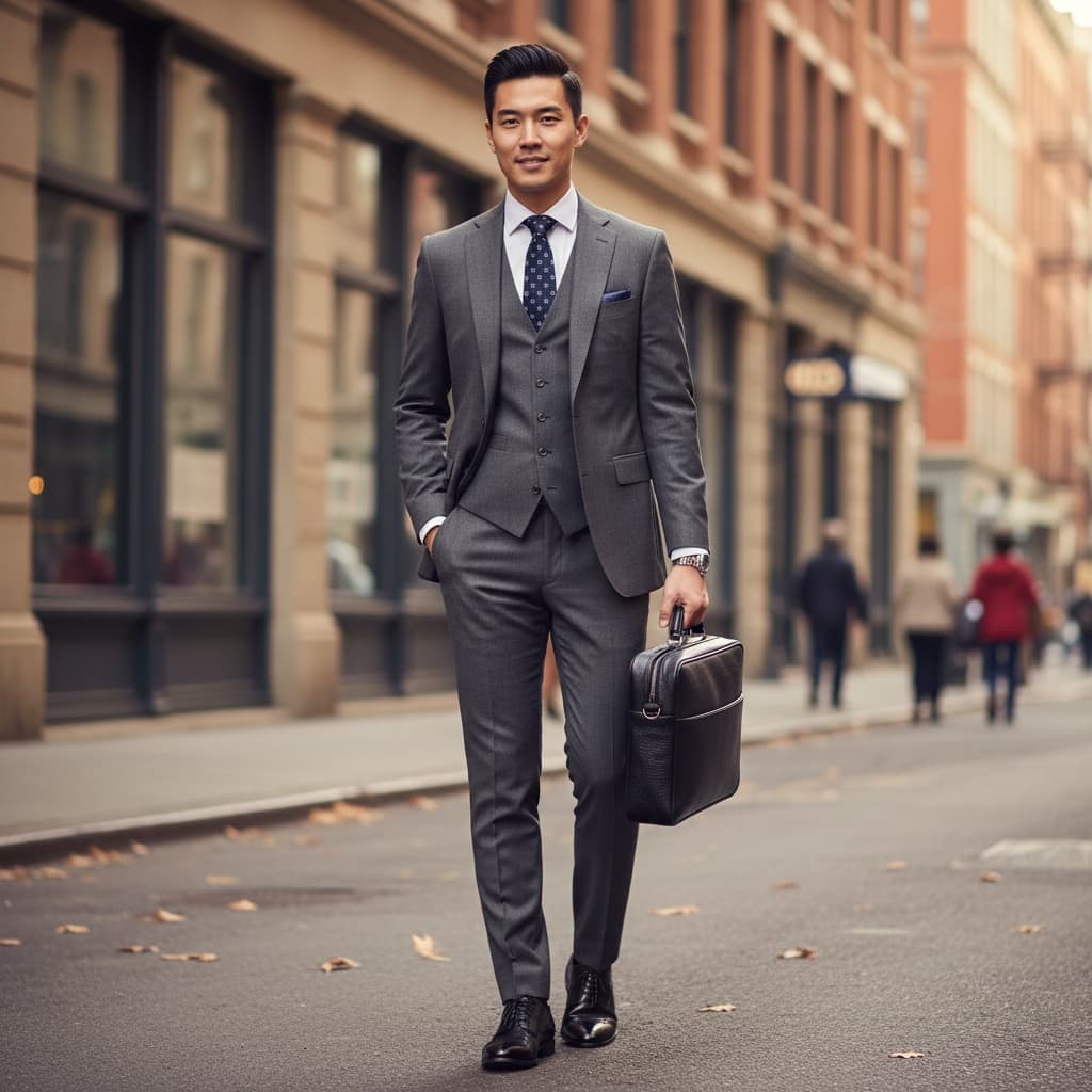 Light Grey Three-Piece Suit With Patterned Tie, Slim Trousers, Black Leather Shoes, And A Structured Black Leather Briefcase.