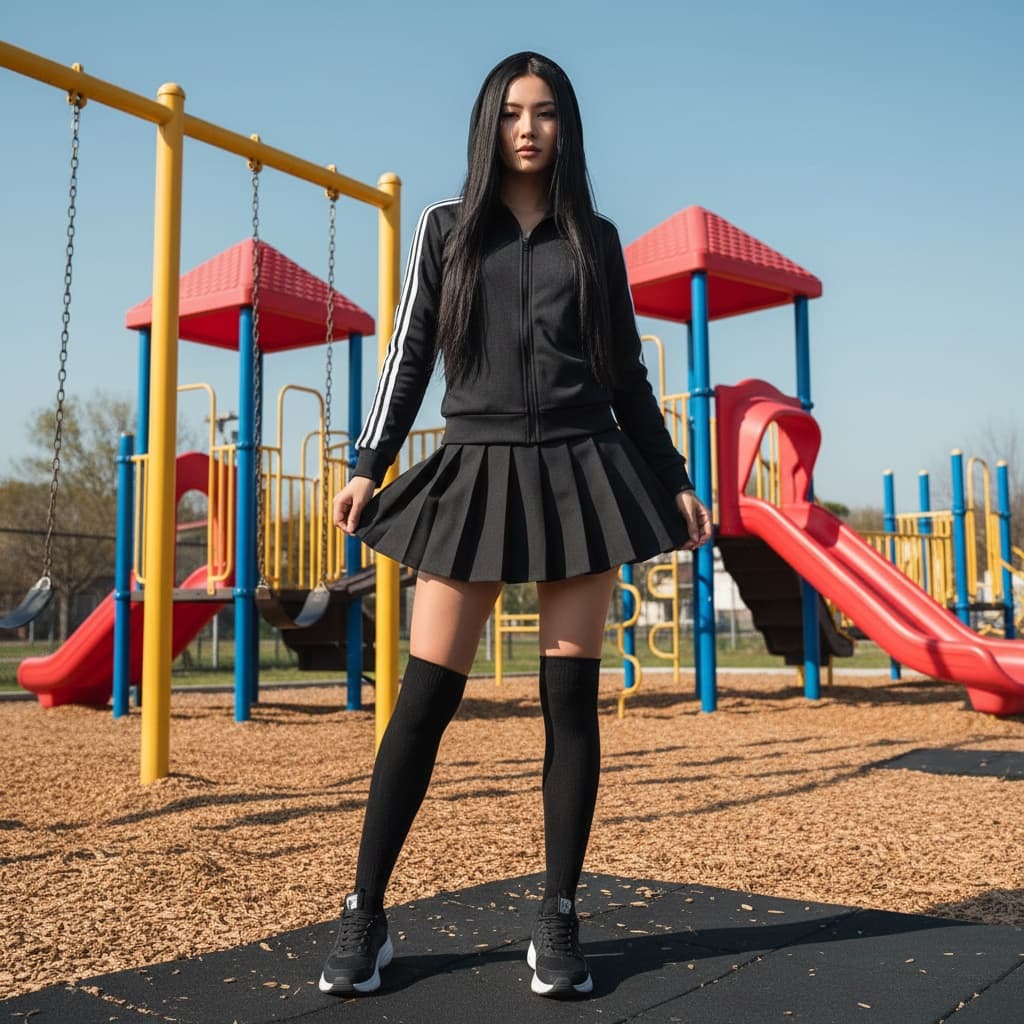 Black Hooded Track Jacket With White Stripes, Paired With A Black Pleated Mini Skirt, Black Knee-High Socks, And Black Sports Shoes.