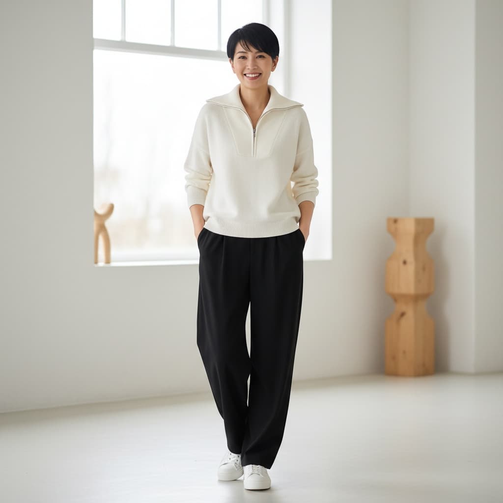 White Half-Zip Pullover With Wide-Leg Black Trousers, Paired With White Sneakers.