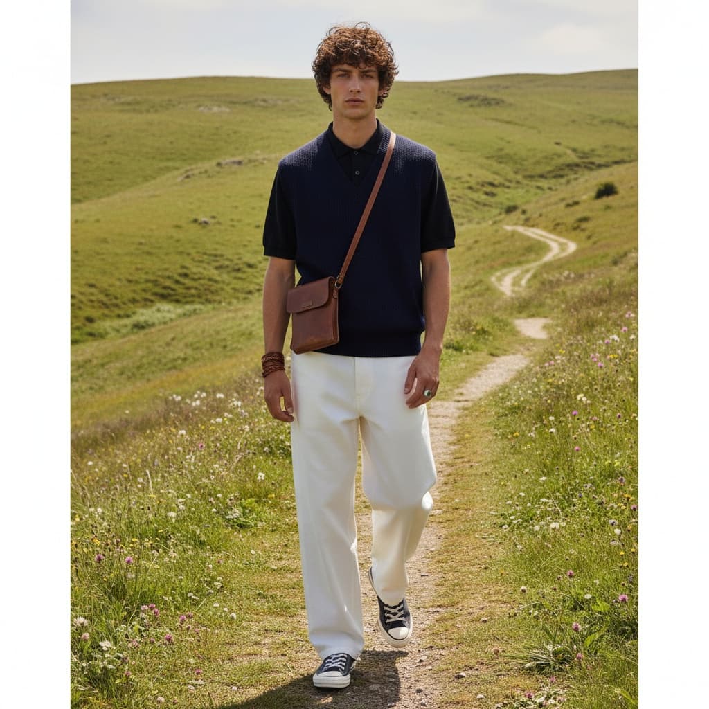 Navy Knit Vest Layered Over Black Polo, Paired With White Wide-Leg Trousers And Casual Accessories.
