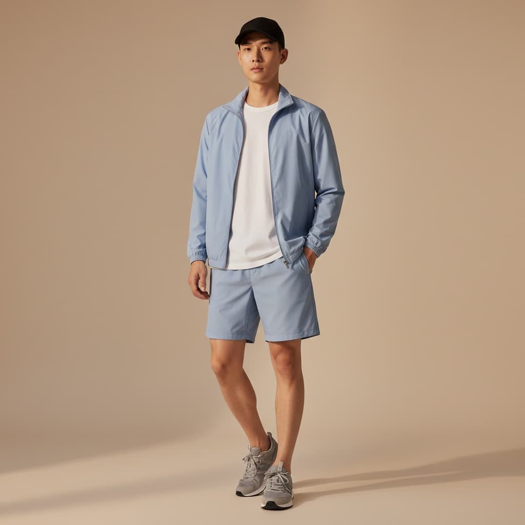 Light Blue Zip-Up Windbreaker With Matching Shorts, Layered With White T-Shirt, Paired With Grey Sneakers And Black Cap.