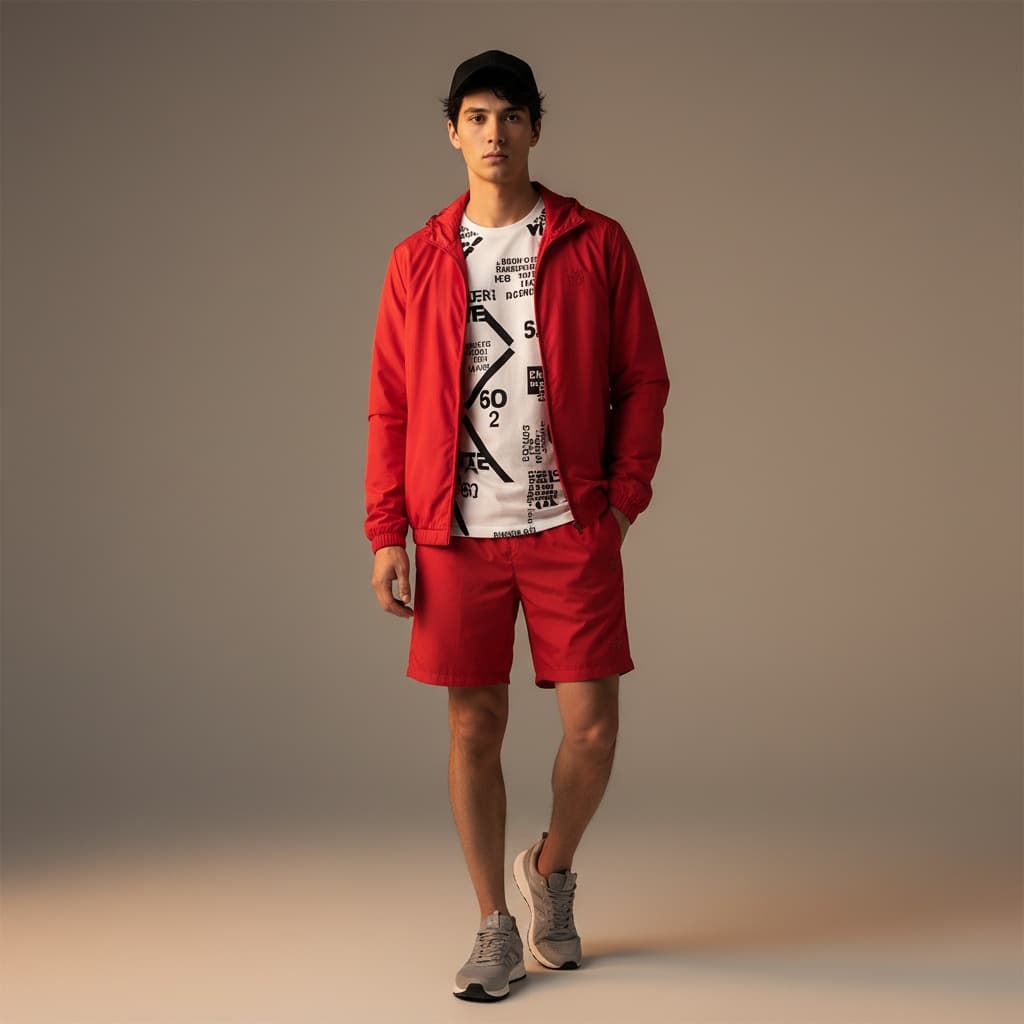 Red Windbreaker Jacket With Matching Shorts, Layered With White Printed T-Shirt, Paired With Grey Sneakers And Black Cap.