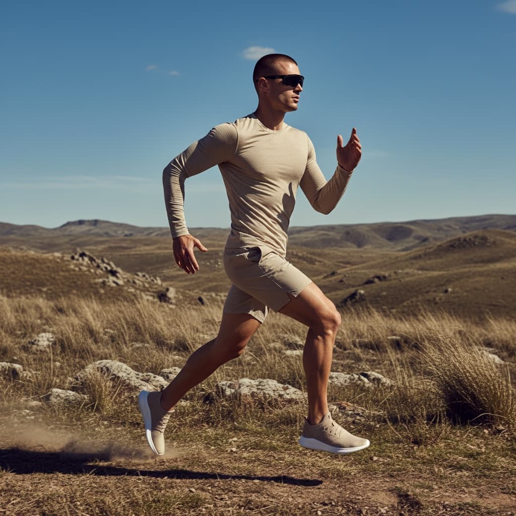Beige Long-Sleeve Compression Top With Matching Performance Shorts, Paired With Beige Sneakers And Black Sports Sunglasses.