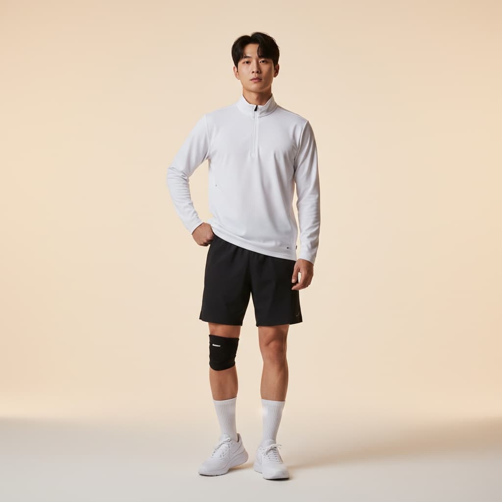 White Half-Zip Training Top With Black Shorts, Paired With White Socks, White Nike Sneakers, And A Knee Guard.