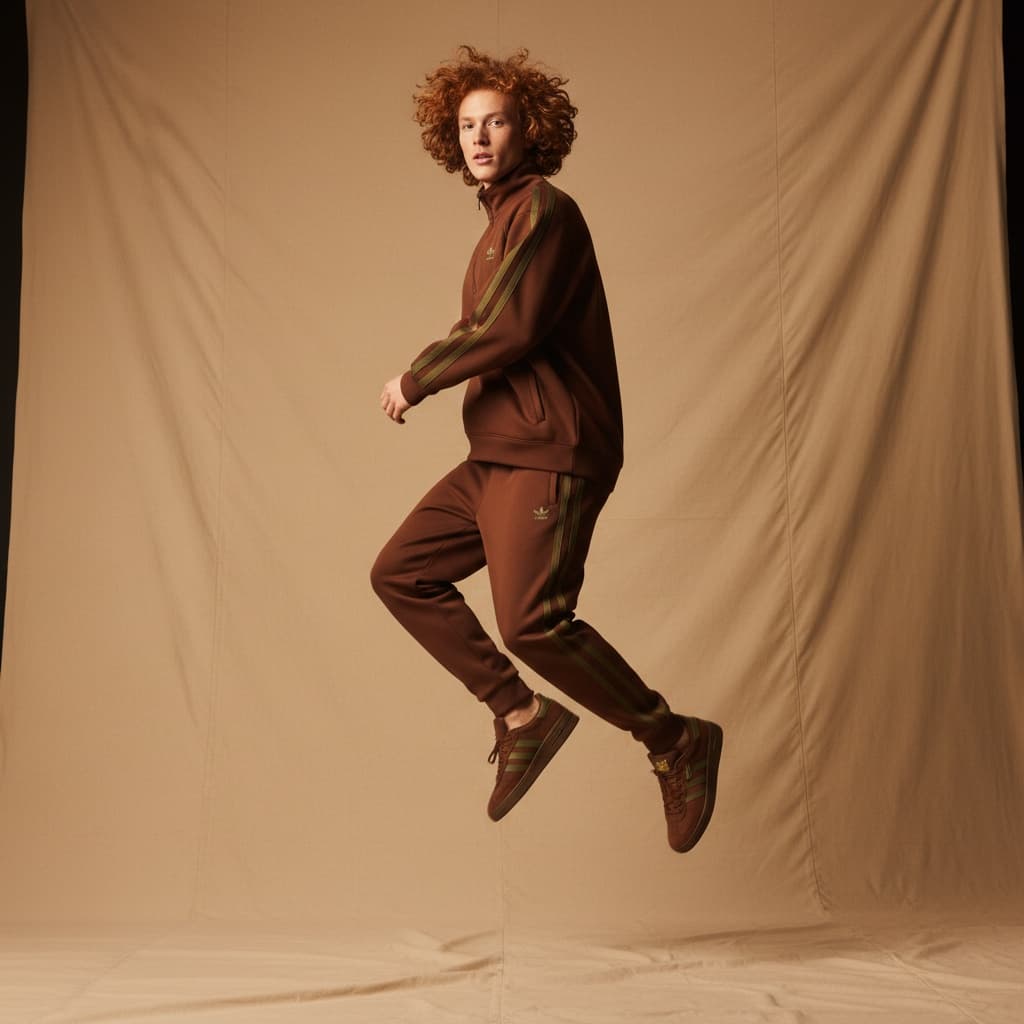 Brown Oversized Tracksuit With Olive Stripes, Paired With Matching Brown Adidas Sneakers.
