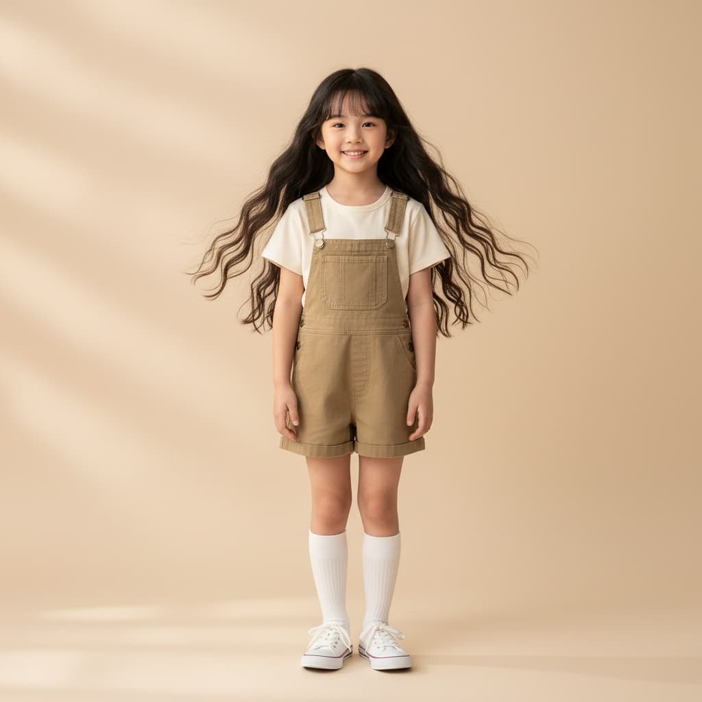 Beige T-Shirt With Khaki Short Overalls, Paired With White Socks And White Sneakers.