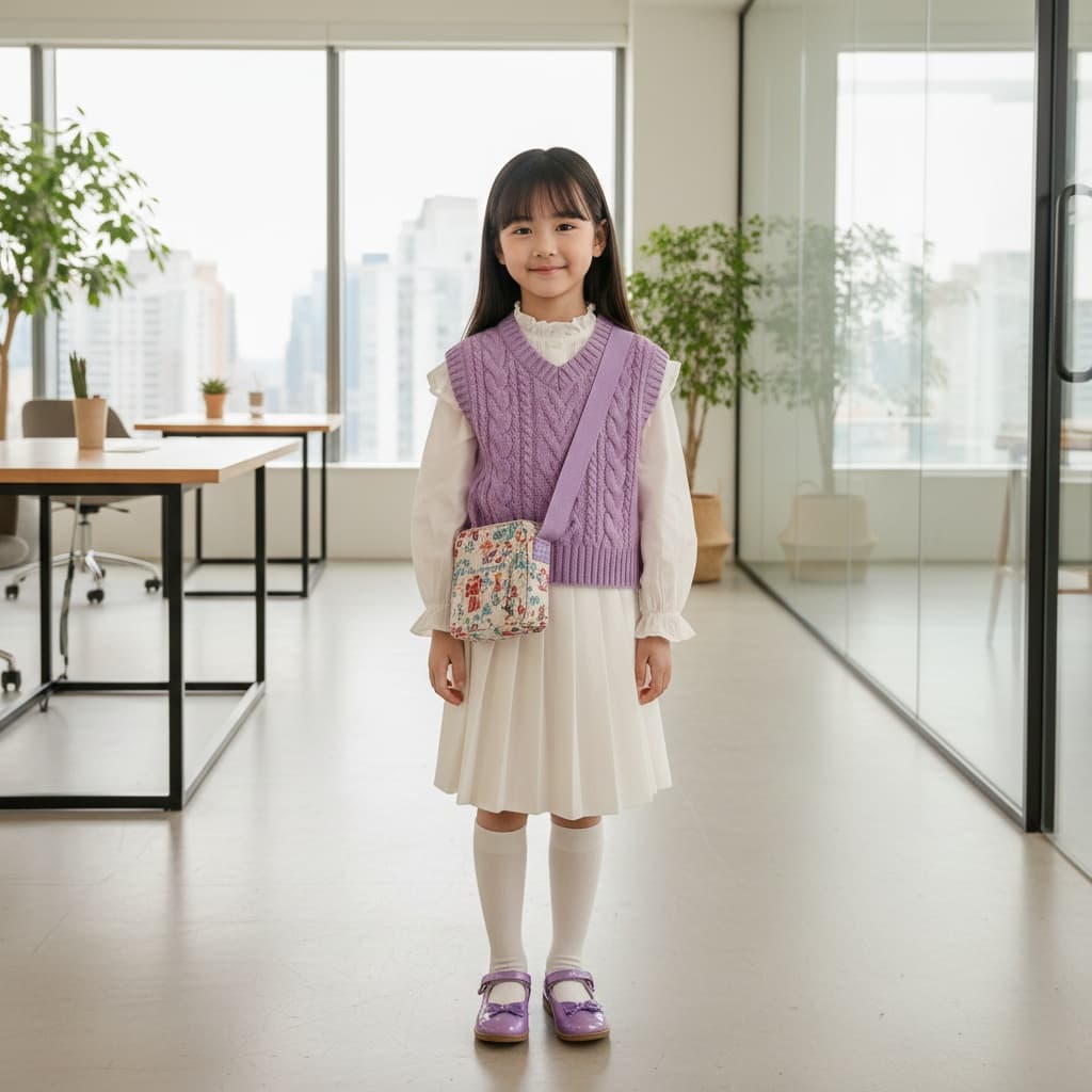 White Blouse Layered With Lavender Knit Vest And Pleated Skirt, Paired With Knee-High Socks, Purple Shoes, And A Printed Bag With Lavender Straps.