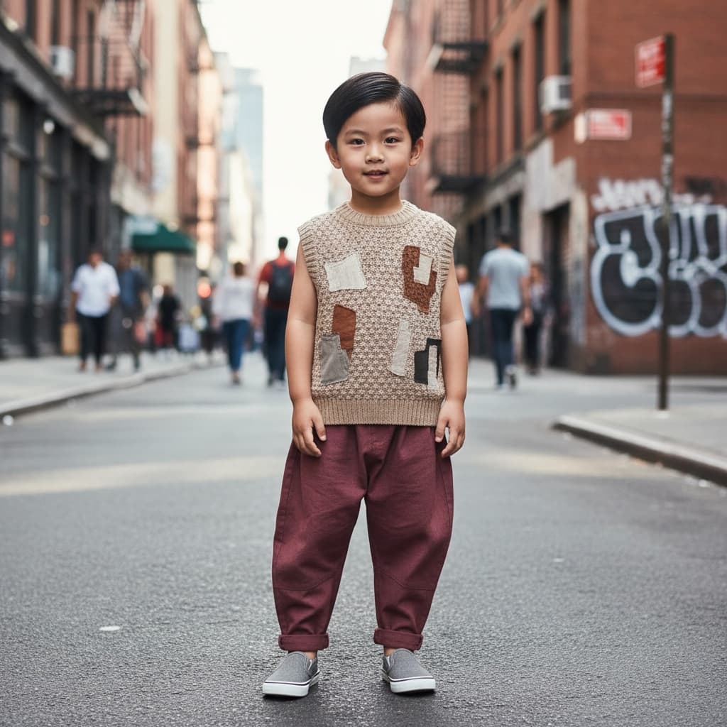 Beige Sleeveless Knit Top With Patch Detail, Paired With Loose Burgundy Pants And Grey Slip-On Shoes.