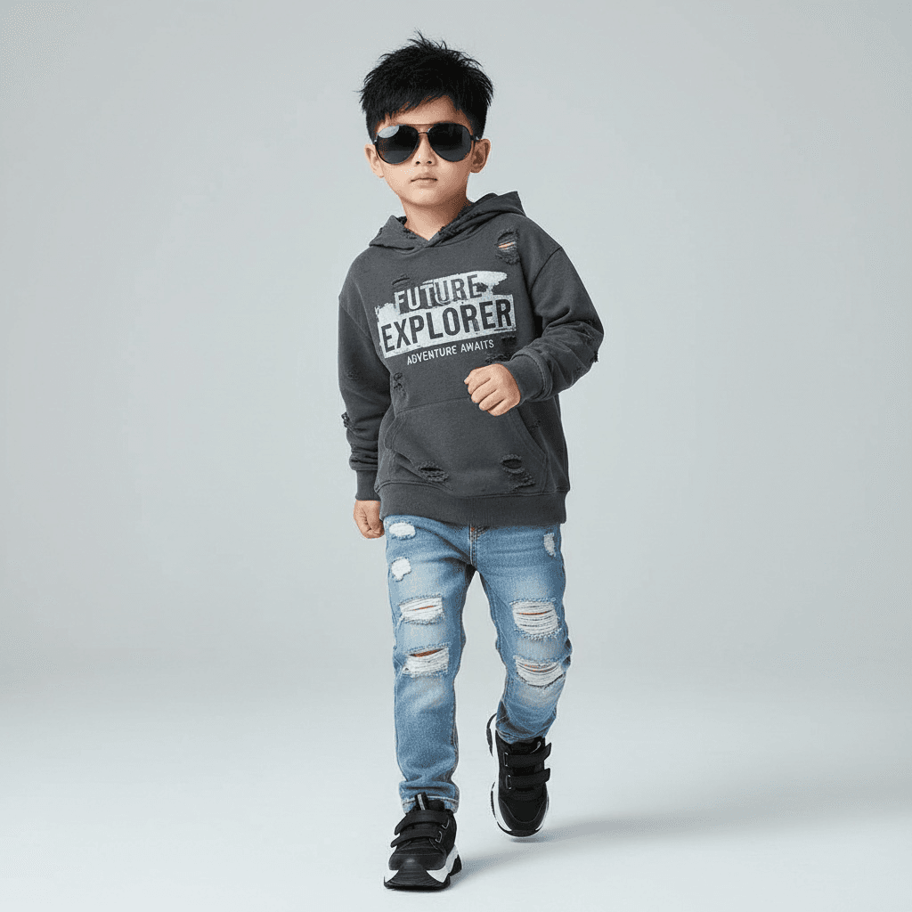 Grey Distressed Hoodie With Printed Text, Paired With Ripped Denim Jeans, Black Sneakers, And Oversized Sunglasses.