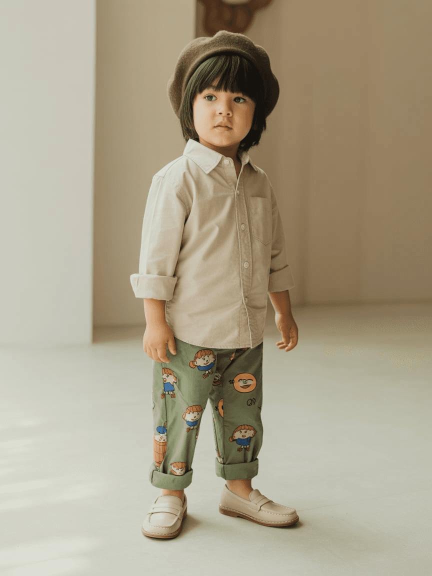 Beige Button-Up Shirt With Olive Green Trousers Printed With Cartoon Graphics, Paired With Beige Slip-On Shoes And An Olive Beret.