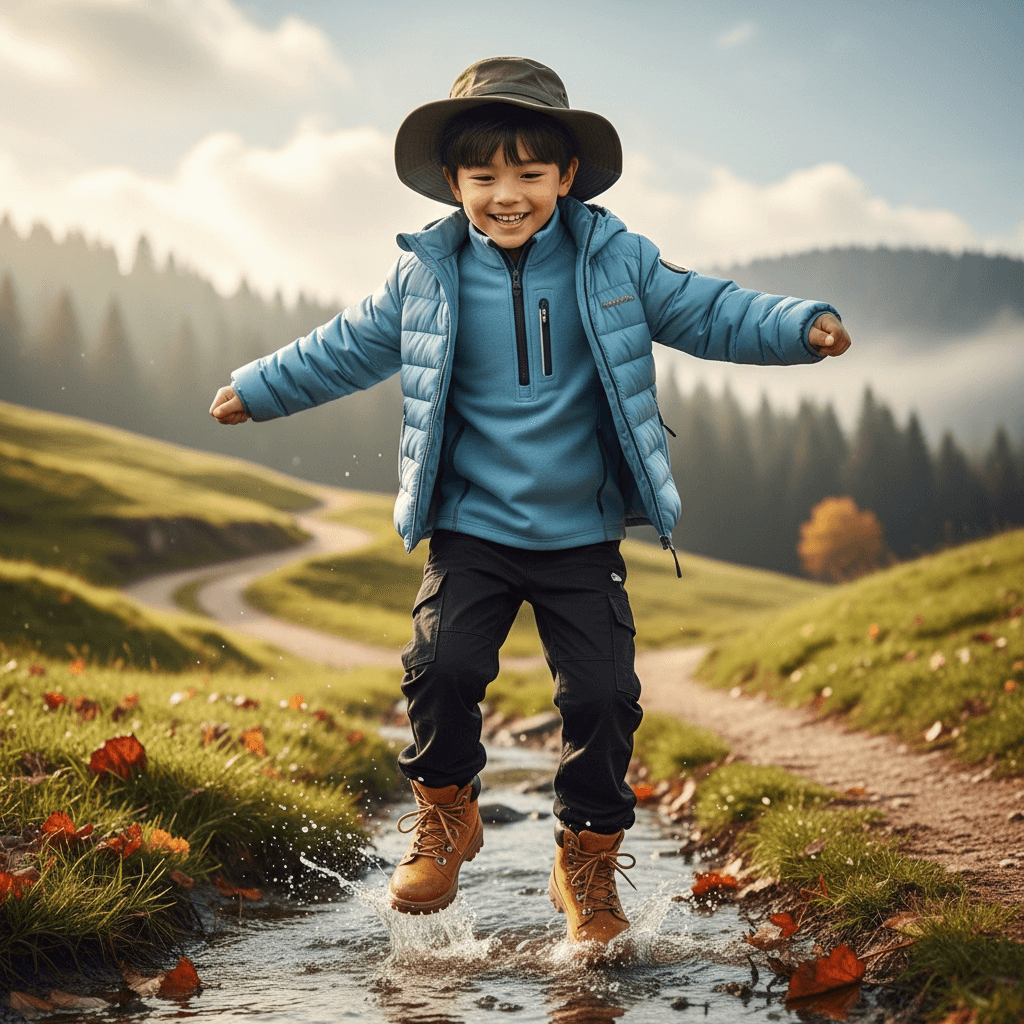 Light Blue Outdoor Jacket With Black Cargo Pants, Paired With Tan Hiking Boots And A Wide-Brim Hat.