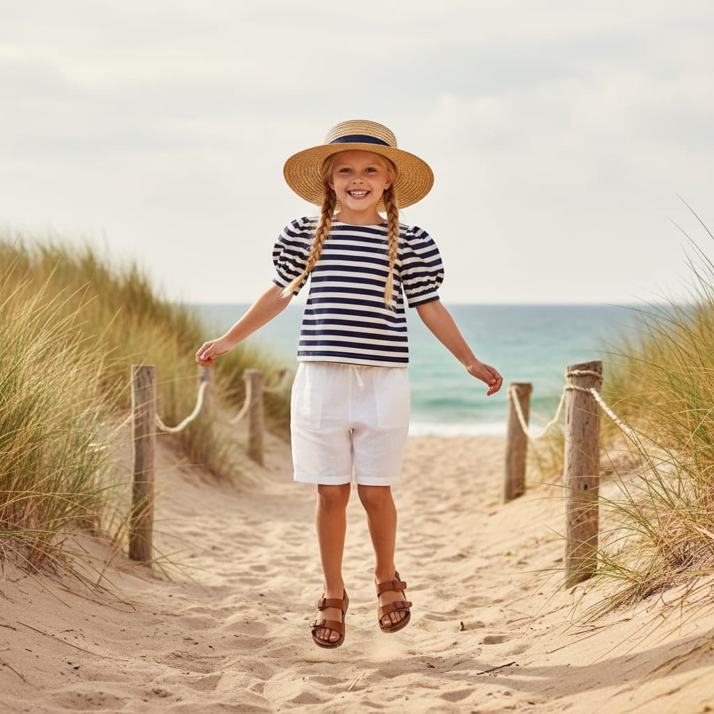 Blue Striped Sailor Blouse With White Shorts, Paired With A Straw Hat And Casual Sandals.