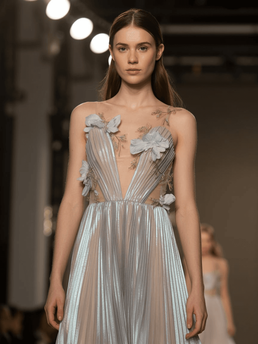 Floor-Length Iridescent Pleated Gown With Floral Appliqués And Sheer Bodice Details.