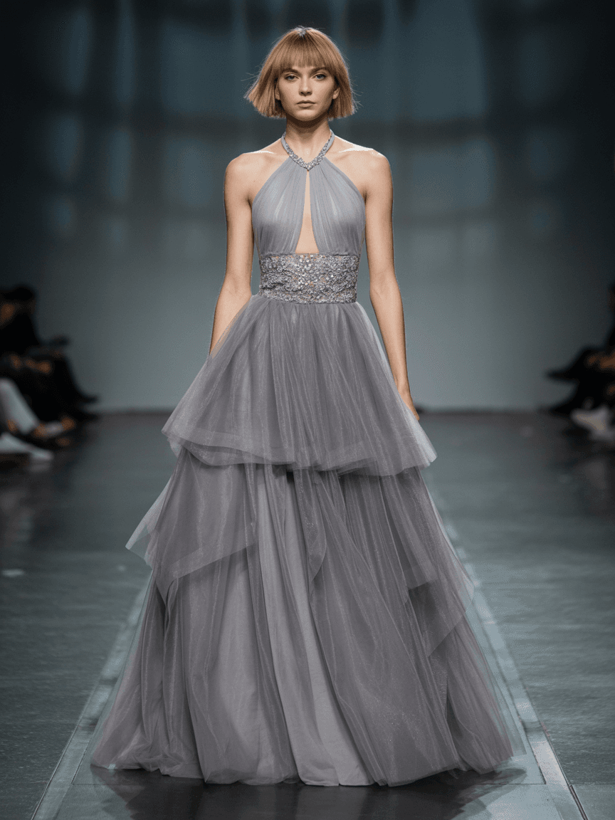 Floor-Length Grey Tulle Gown With Halter Neckline, Sequined Bodice, And Cascading Layered Skirt.
