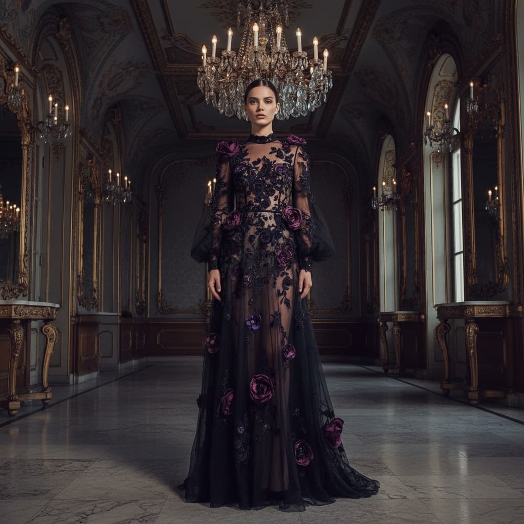 Black Sheer Gown With Floral Embroidery And Deep Purple 3d Appliqué Flowers.