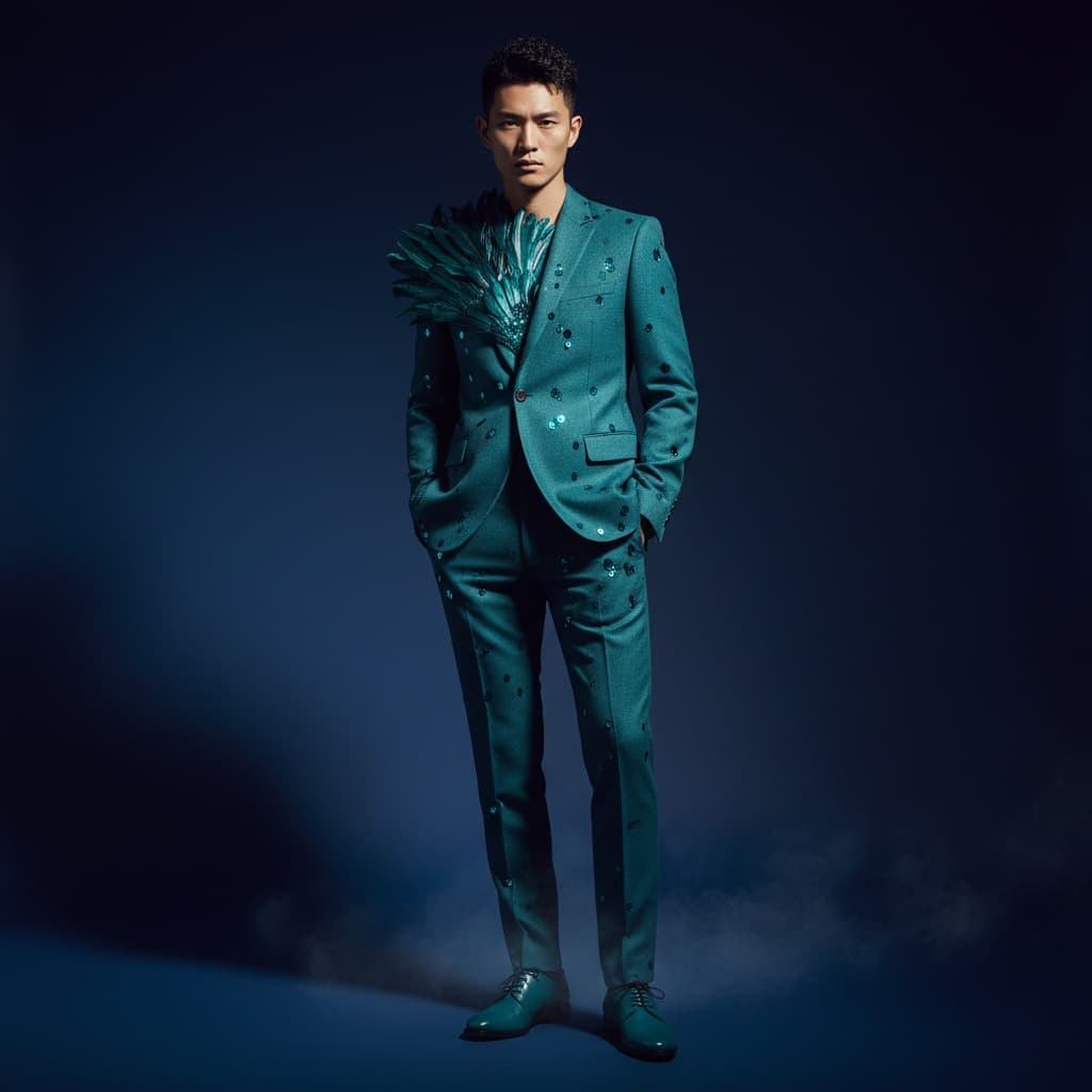 A Teal Suit With A Feather Appliqué On One Shoulder And Scattered Sequin Detailing, A Wool-Blend Base Accented With Feathers, Paired With Teal Trousers And Matching Shoes.