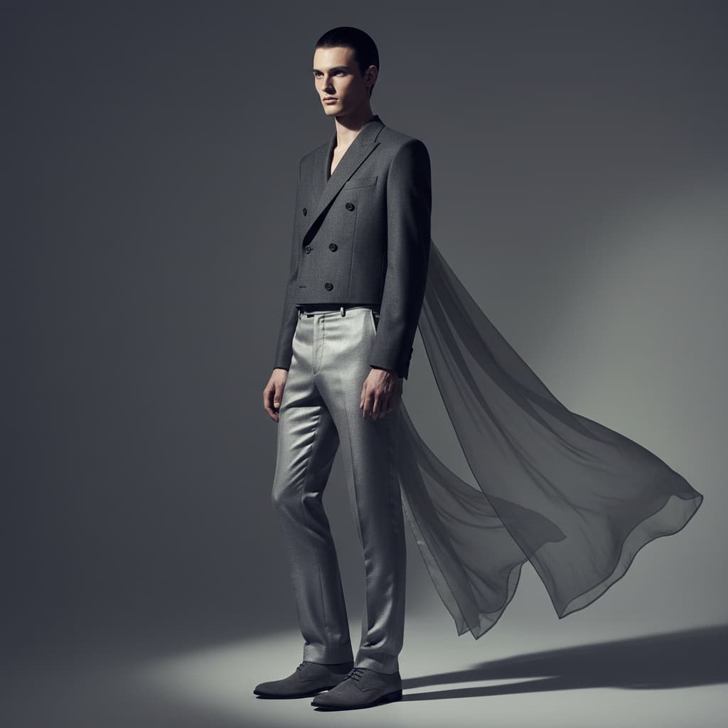 A Grey Double-Breasted Cropped Blazer With An Extended Sheer Chiffon Drape, Straight-Cut Satin-Blend Trousers, And Grey Shoes.