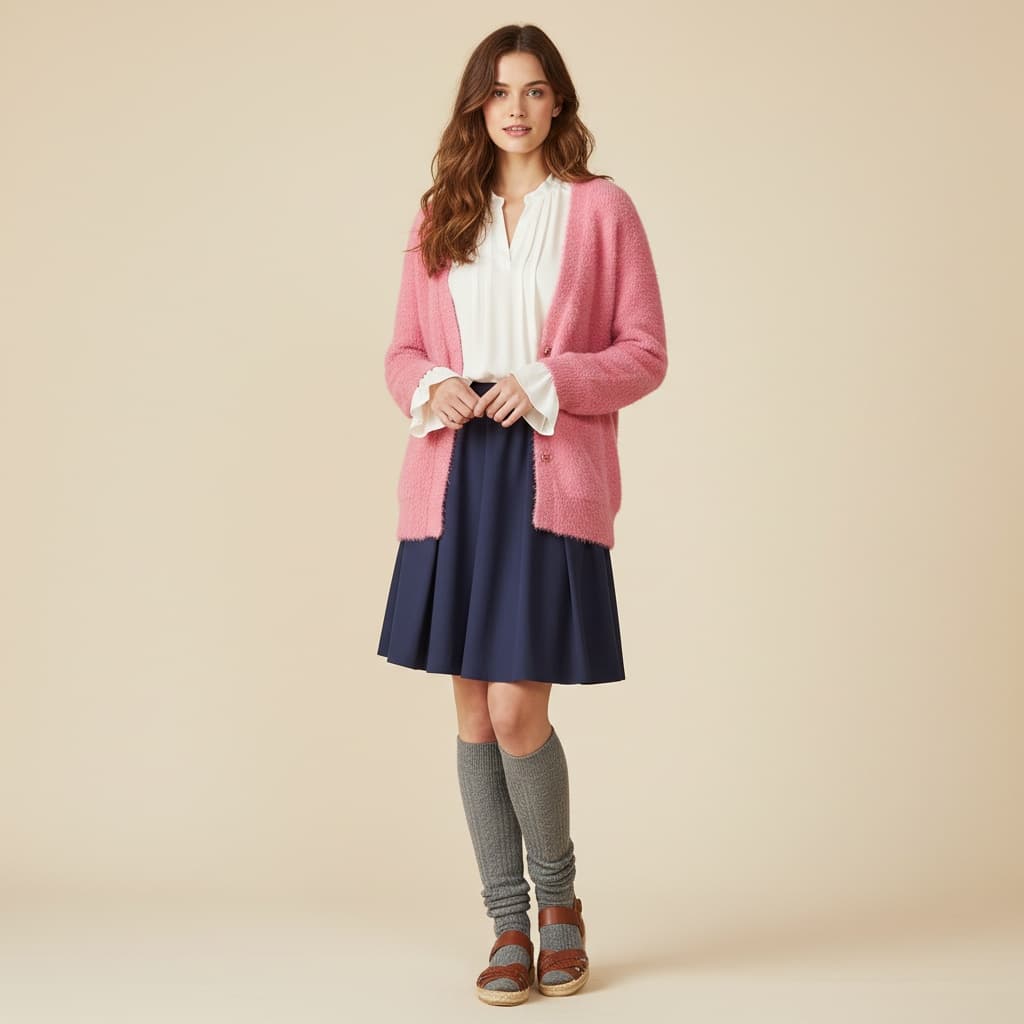 Pink Fuzzy Cardigan Over White Blouse With Navy Skirt, Paired With Grey Socks And Brown Sandals.