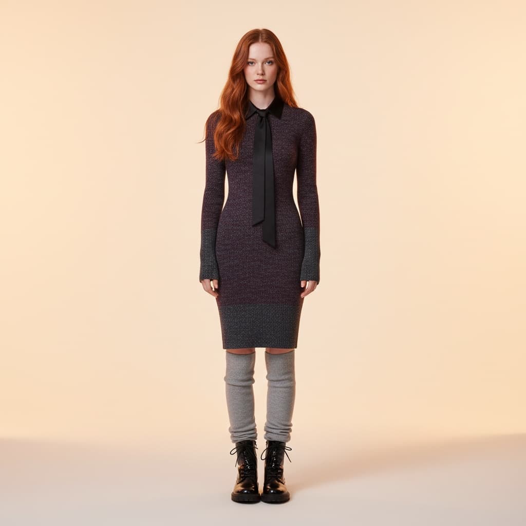 Grey And Purple Fitted Knit Dress With Black Tie, Grey Knee Socks, And Black Lace-Up Shoes.