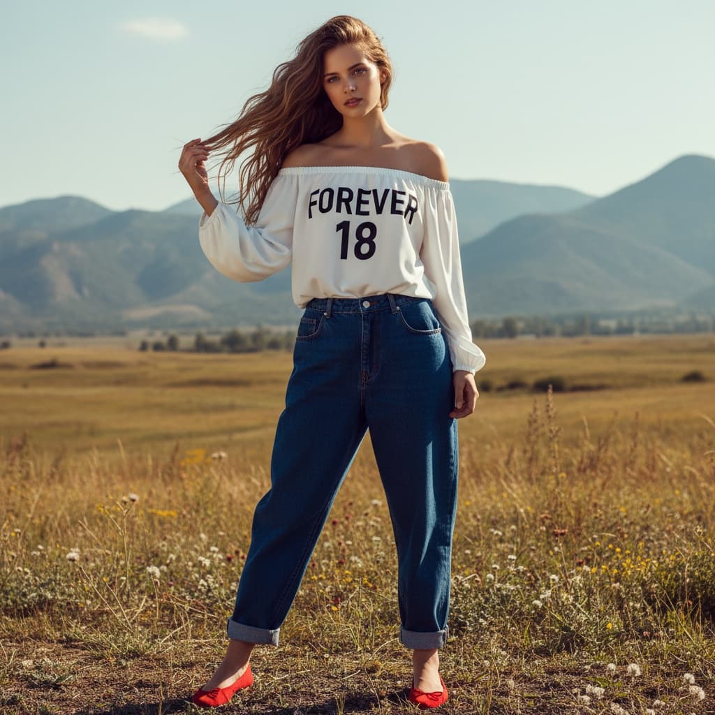 Off-Shoulder White Blouse With “forever 18” Top, Oversized Dark Blue Jeans, And Red Flats.