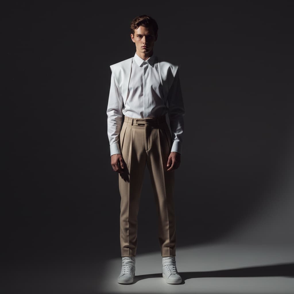 Beige High-Waisted Pleated Trousers Were Paired With A White Shirt Featuring Oversized Curved Shoulder Lapels And White High-Top Sneakers Made From Structured Suiting Fabric.
