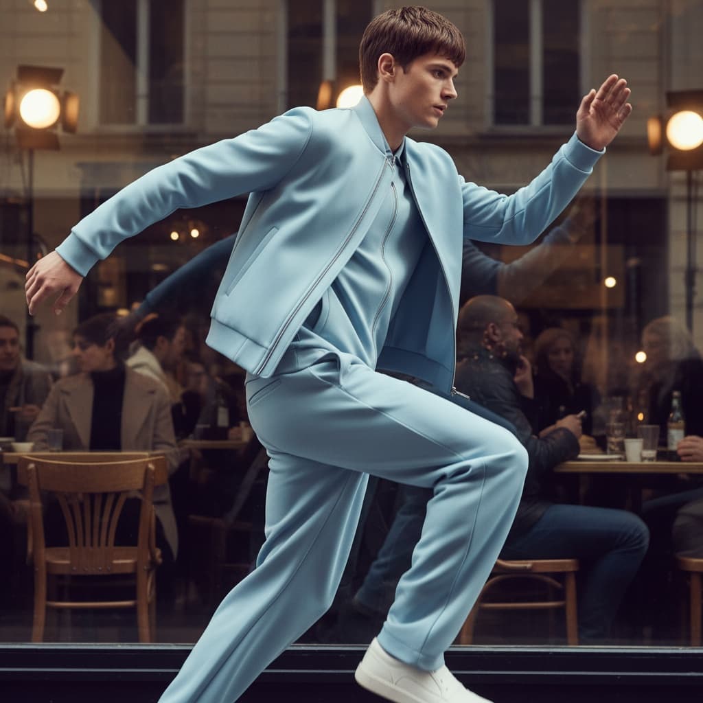 Pale Blue Bomber Jacket With Minimal Zip Details, Styled Over A Matching Pale Blue Shirt And Trousers, Modern Sporty Silhouette In Smooth Neoprene-Like Fabric.