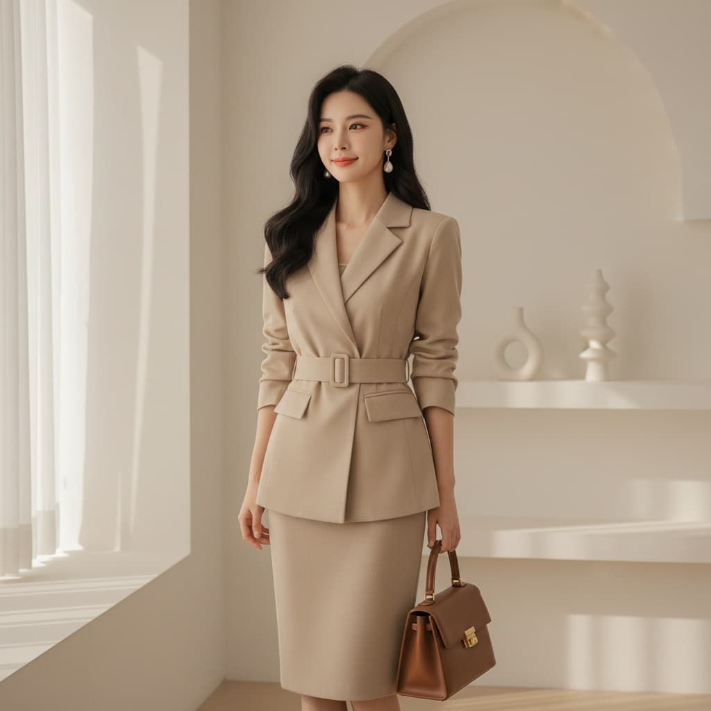 Beige Tailored Blazer With Belted Waist, Matching Pencil Skirt, Pearl Earrings, And A Brown Handbag.