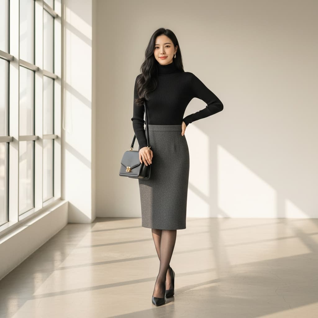 Black Fitted Turtleneck With Grey Pencil Skirt, Black Sheer Tights, Black Pumps, And A Black Shoulder Bag.