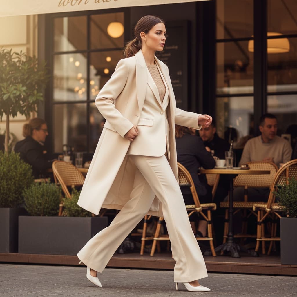 Cream Tailored Coat Layered Over Matching Suit With Flared Trousers, Beige Knit Top, And White Heels.