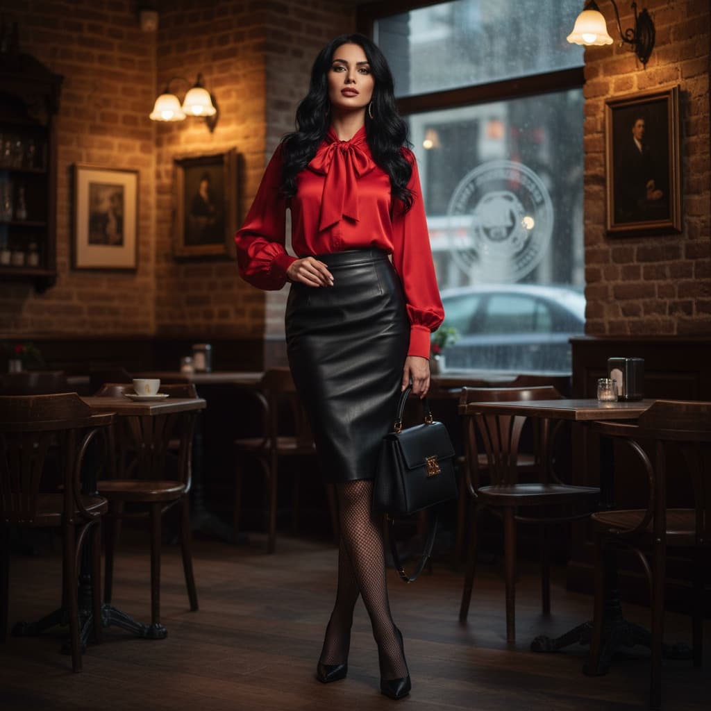 Red Bow-Tie Blouse With Black Pencil Skirt, Paired With Black Handbag, Fishnet Tights, And Black Pumps.