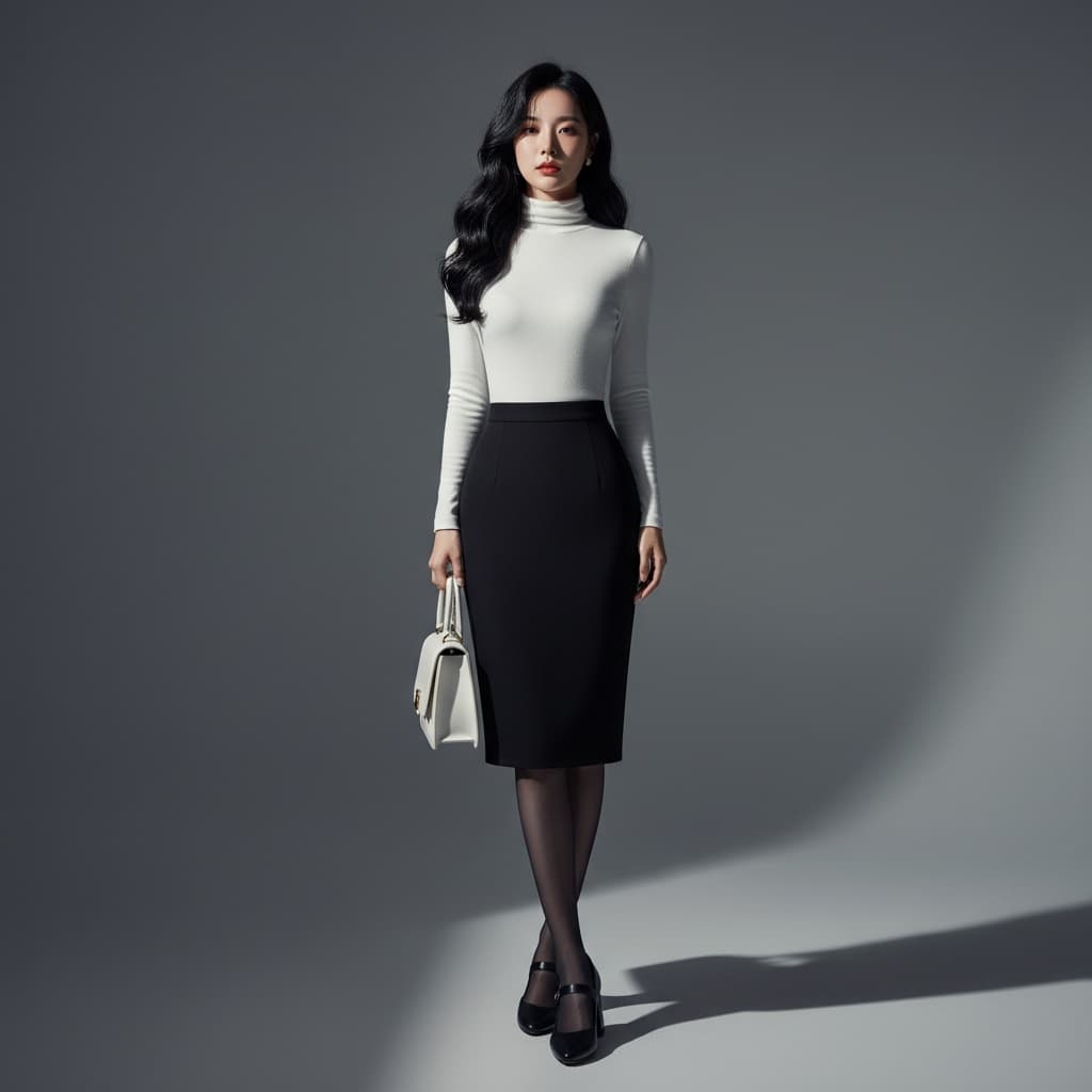 White Fitted Turtleneck With Black Pencil Skirt, Sheer Tights, White Handbag, And Black Mary Jane Heels.
