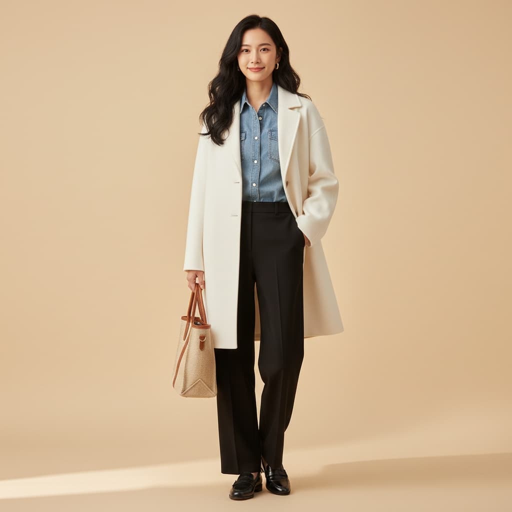 White Overcoat Layered Over Denim Shirt And Black Trousers, Paired With Black Shoes And A Beige Tote Bag.