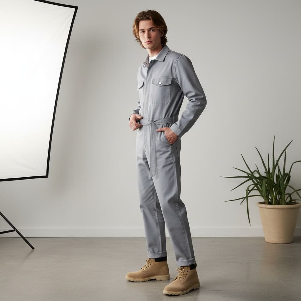 Light Grey Utility Jumpsuit With Chest Pockets And Belt, And Beige Suede Lace-Up Shoes
