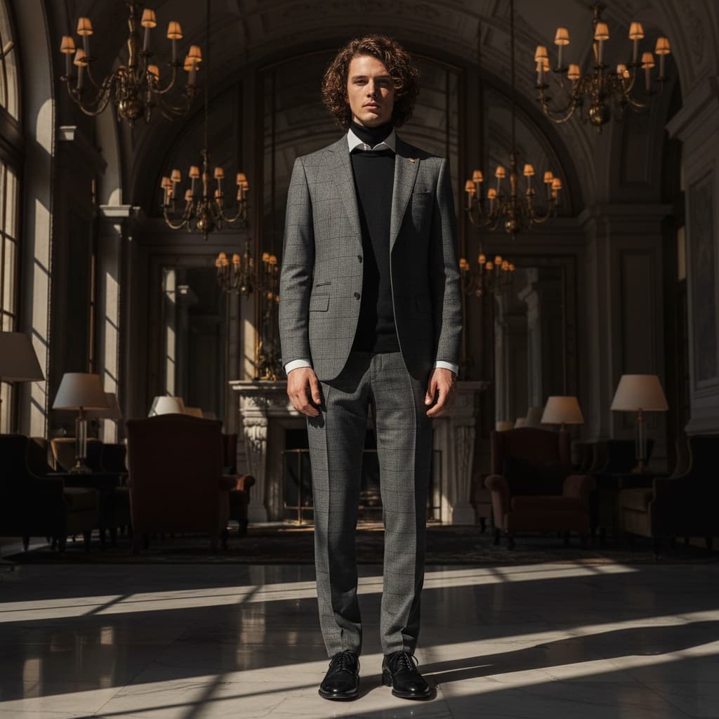 Grey Checked Suit, White Shirt, Black Turtleneck, And Black Leather Shoes