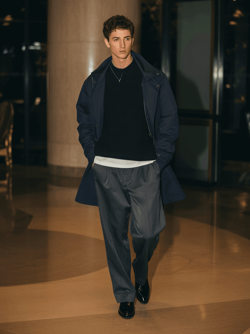Black V-Neck Sweater, White Undershirt, Dark Grey Trousers With Belt, Black Leather Shoes, And Navy Jacket